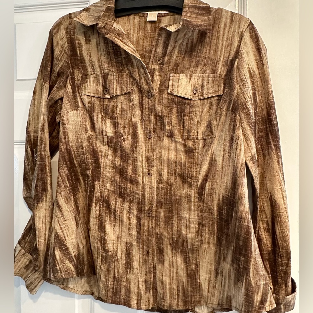 Michael Kors brown/beige button down 100% cotton blouse size small.